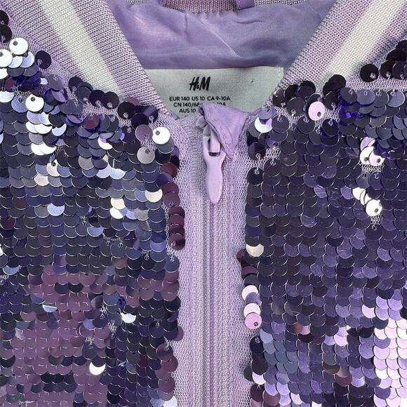 H&M Girls Purple Playful Flip Sequin Bomber Jacket Whimsical Cat Design Sz10-12 - Picture 11 of 16
